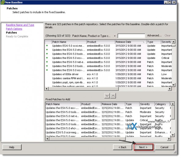 How to select patches to be part of a baseline in vSphere Update Manager