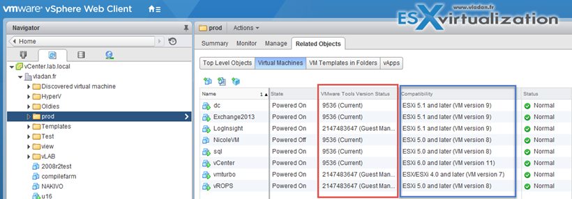 VMware Tools version and status with Virtual machine hardware version