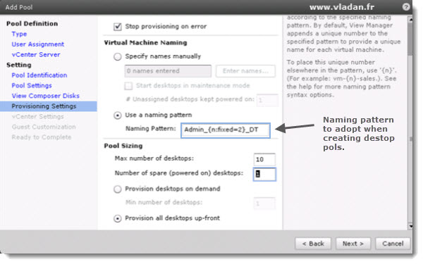 VMware View Training from TrainSignal - Naming convention for destop pools