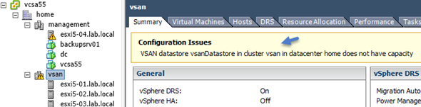 vsan datastore in cluster does not have capacity