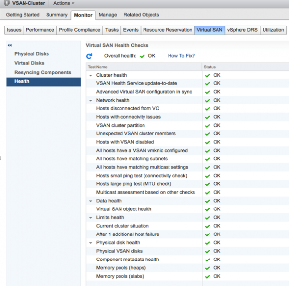 VMware VSAN 6.0 Health Screen