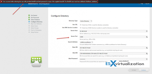 Horizon Workspace AD connection errrosrs