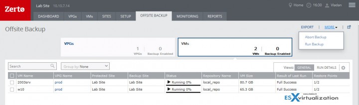 Zerto - how to setup a backup